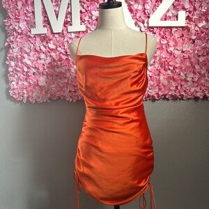 Orange Satin Ruched Dress